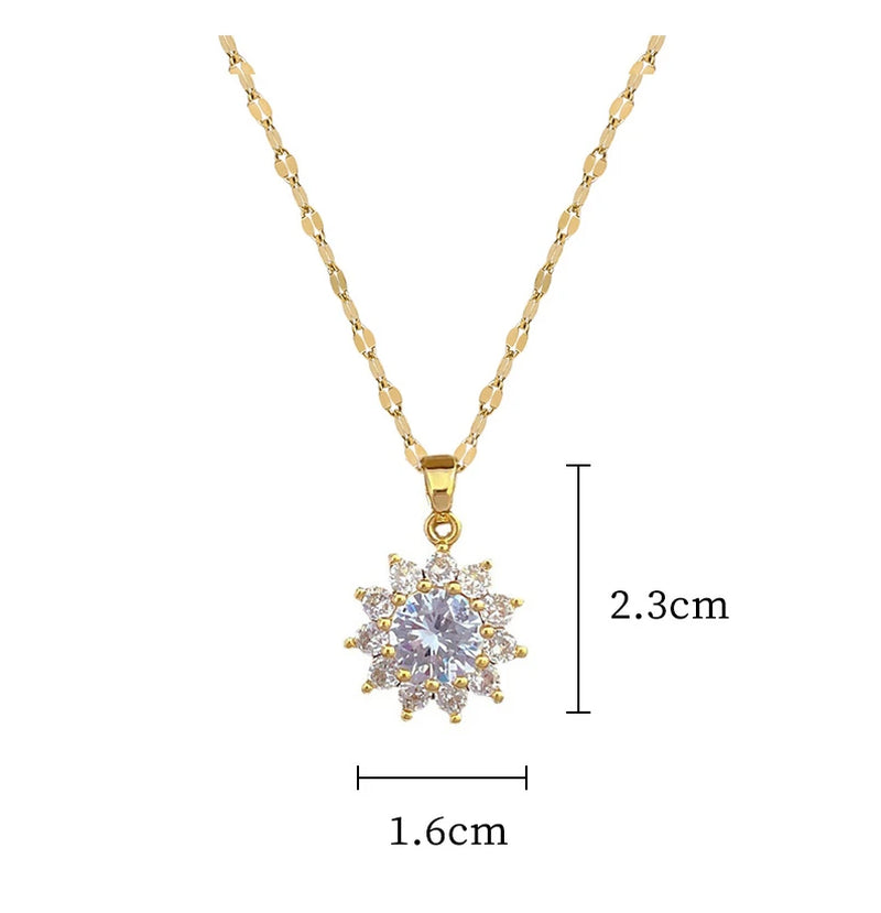 Stainless Steel Lucky Sparkle Necklace Earrings Jewelry Sets with Stone New 18K Gold Plated Sunflower Pendant Necklace for Women