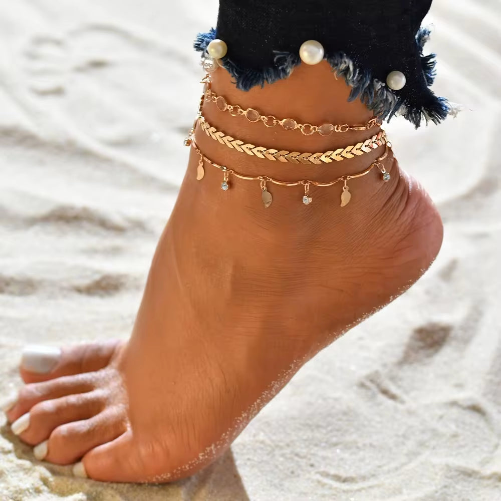 Bohemia Shell Chain Anklet Sets for Women Sequins Ankle Bracelet on Leg Foot Trendy Summer Beach Jewelry Gift