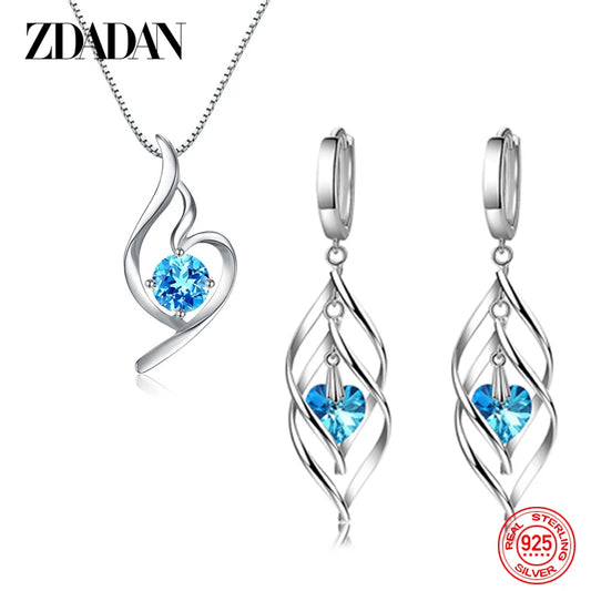 925 Sterling Silver Blue Crystal Necklace Earring Set for Women Fashion Wedding Jewelry Party Gift