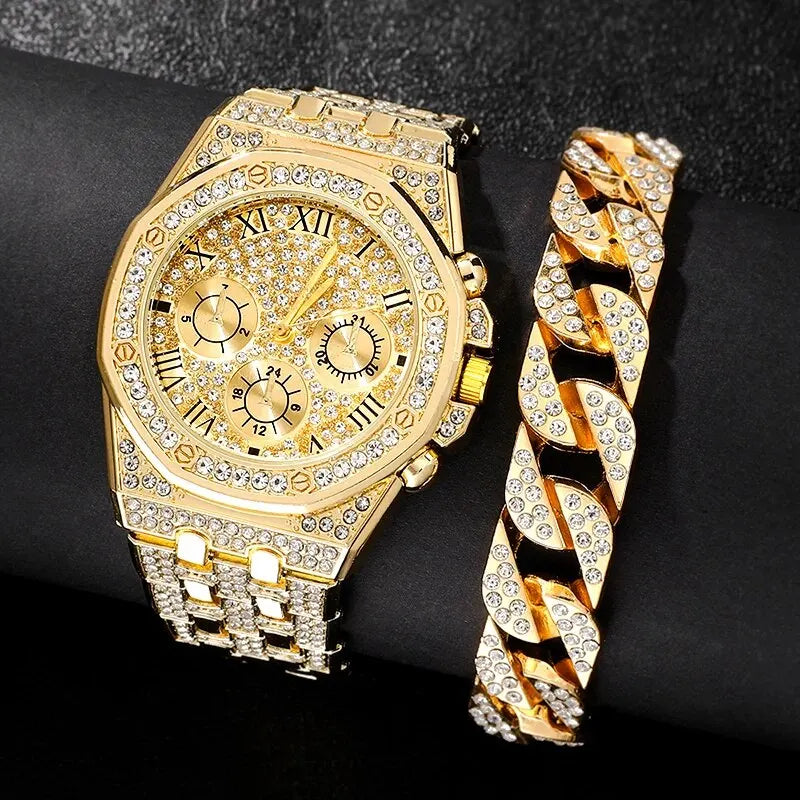 Luxury Men Watch Stainless Stee Band Golden Watches for Men Fashion Hip Hop Watch Diamond Big Dial Business Quartz Wristwatches