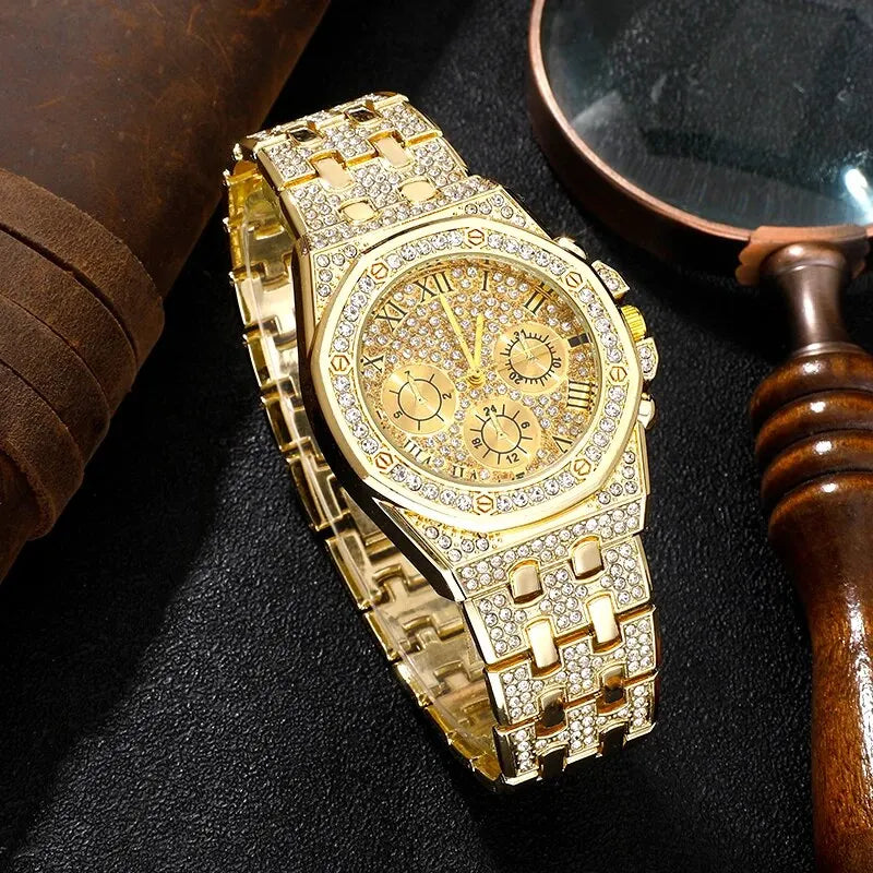 Luxury Men Watch Stainless Stee Band Golden Watches for Men Fashion Hip Hop Watch Diamond Big Dial Business Quartz Wristwatches